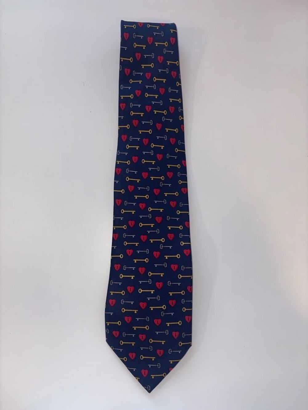 Alynn Mens Silk Woven Tie Blue Key Heart Lock Geometric Pattern Classic Width